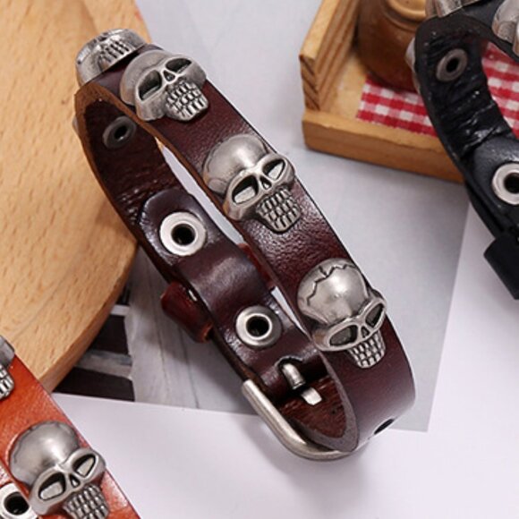 3/$35 Men's Brown Faux Leather Silver Skull Stud Punk Rock Biker Goth Bracelet - Picture 6 of 7